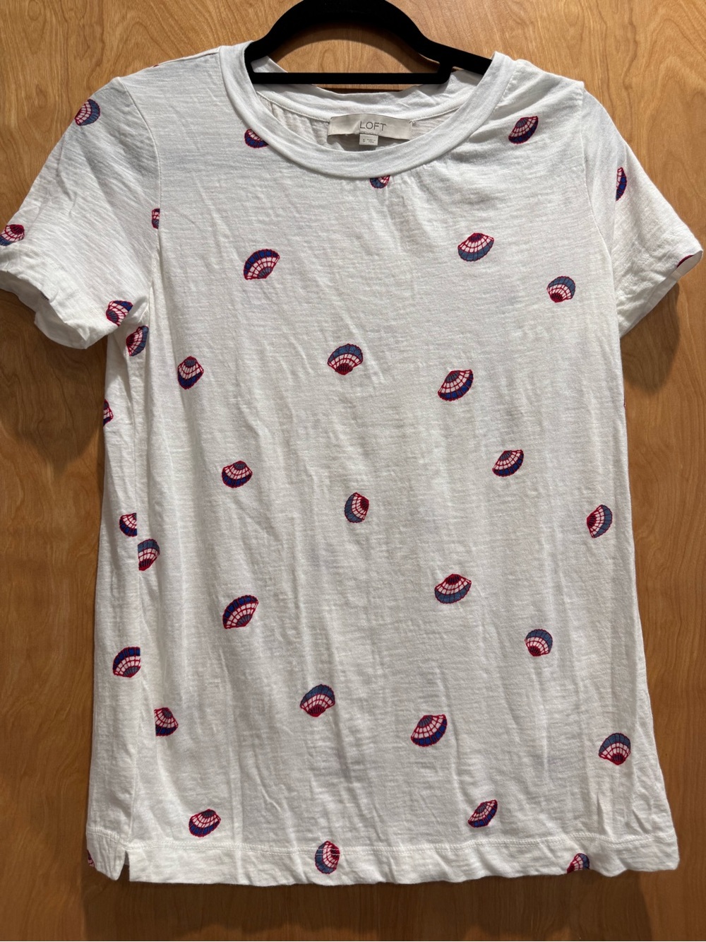 LOFT White Short-Sleeve Tee with Pink & Navy Shell Motifs
